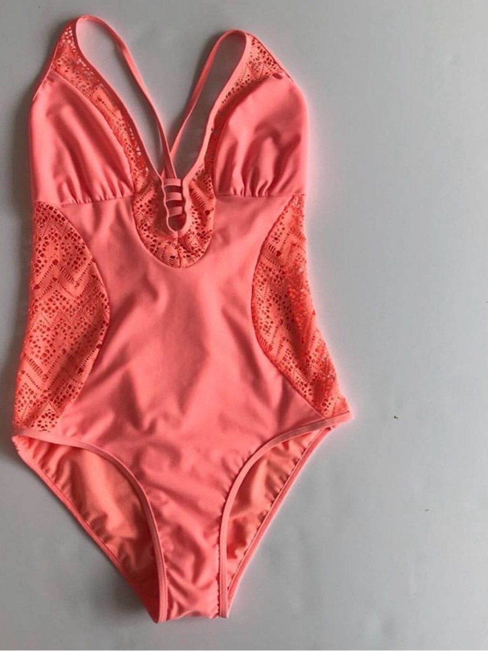 Coral Pink One-Piece Swimsuit with Lace Insets NWT XL